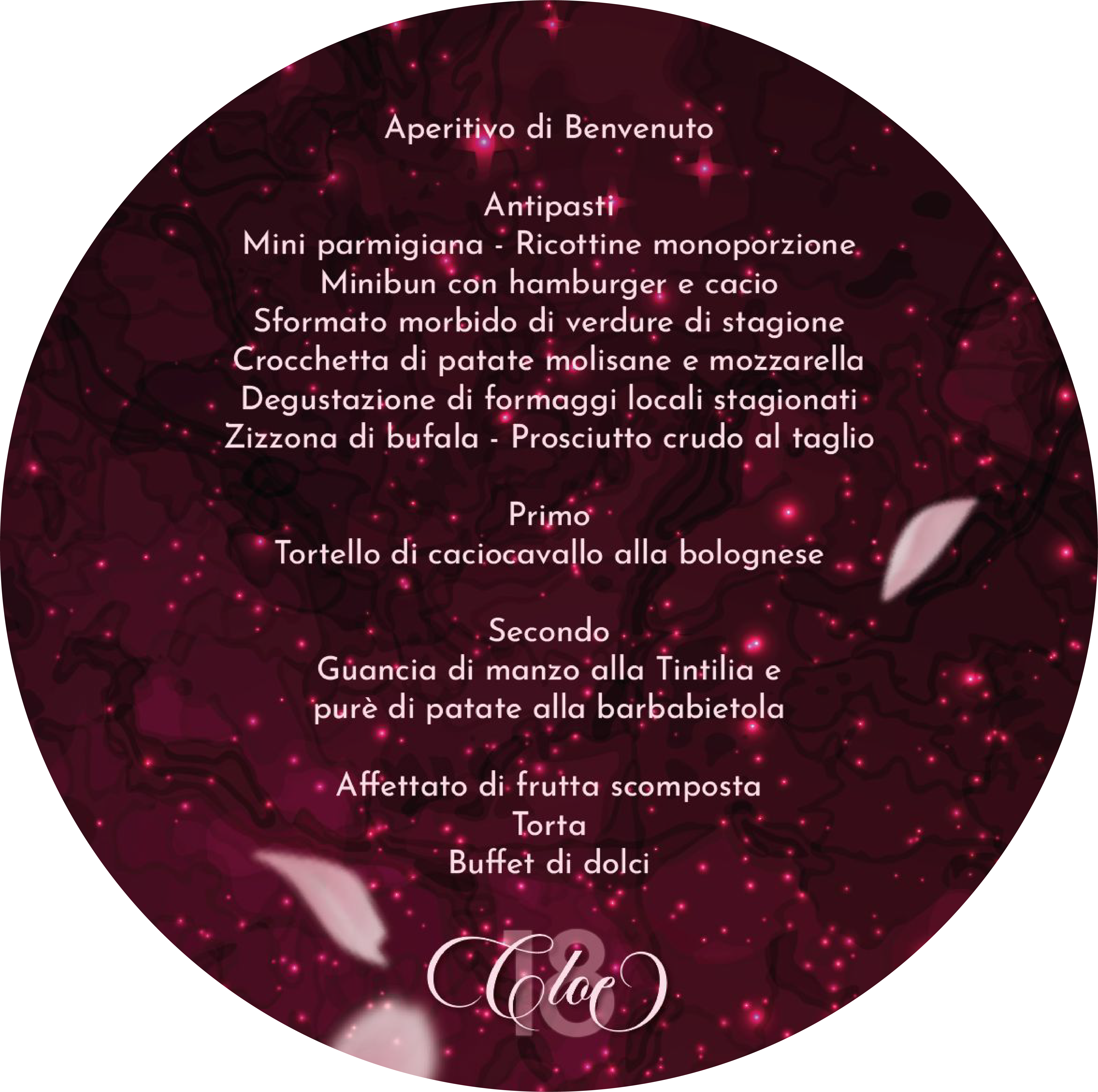 Menu della serata per il 18° compleanno di Cloe